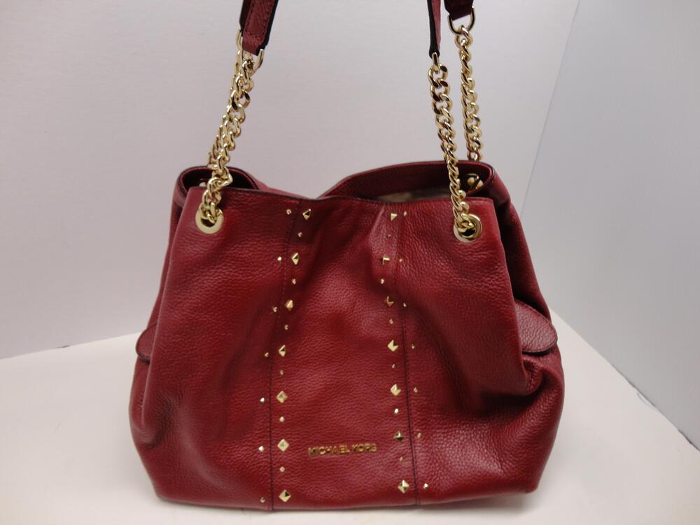 Michael Kors Shoulder Bag Womens Large Red Leather Studded Chain Purse Gold